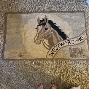 Vintage Hook Rug Signed CJG Westward Ho Western Horse 52"x33" Stains Rip Tears